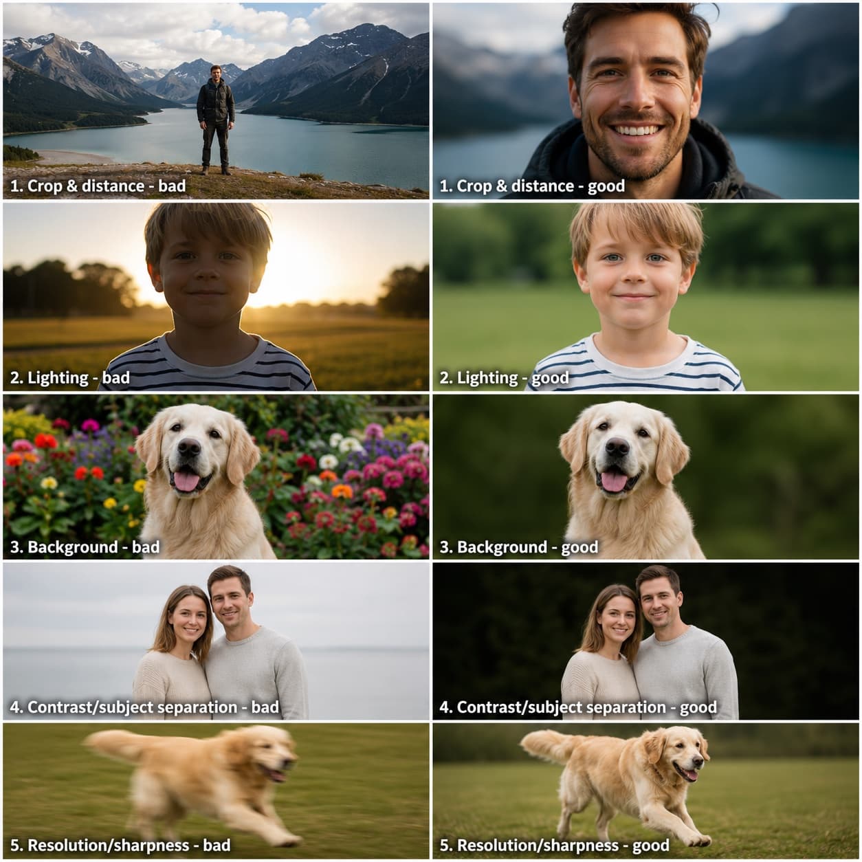 Five paired photo examples, each shown badly on the left and well on the right: (1) crop and distance — a tiny distant figure vs a close-up smiling face; (2) lighting — a harshly backlit child vs evenly lit; (3) background — a busy flower bed behind a dog vs a clean blurred backdrop; (4) contrast and subject separation — a couple blending into the background vs standing out clearly; (5) resolution and sharpness — a motion-blurred running dog vs a sharp one.