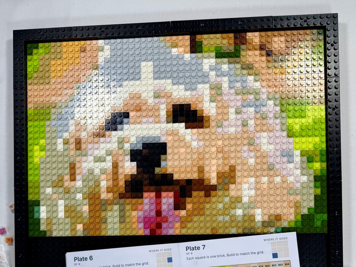 A dog mosaic kit mid-build, the face complete in bricks with the plate-by-plate build booklet in front