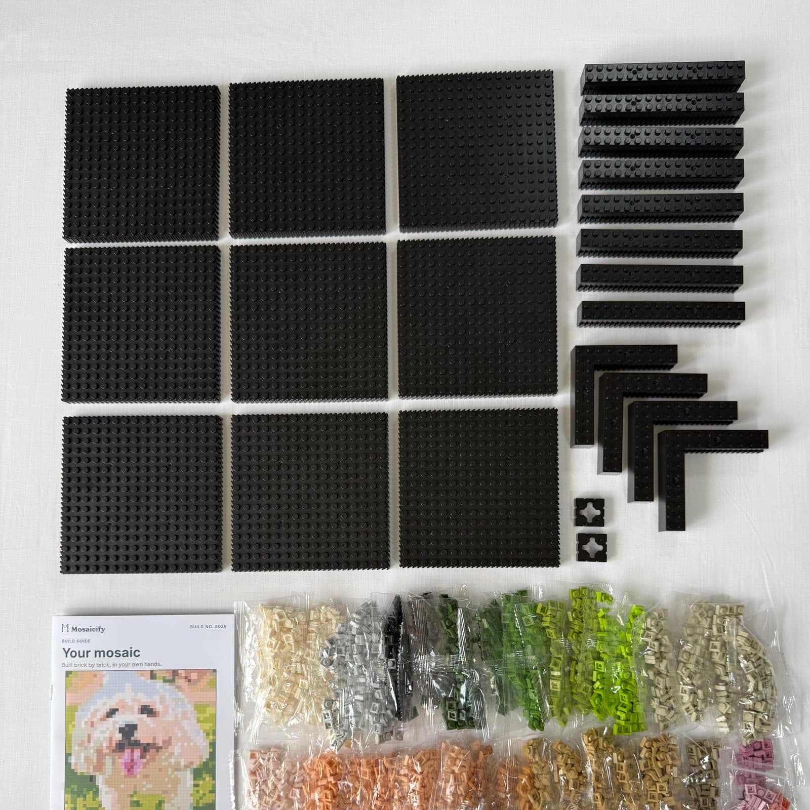 The full kit laid out: baseplates, frame, colour-sorted brick bags and the build booklet