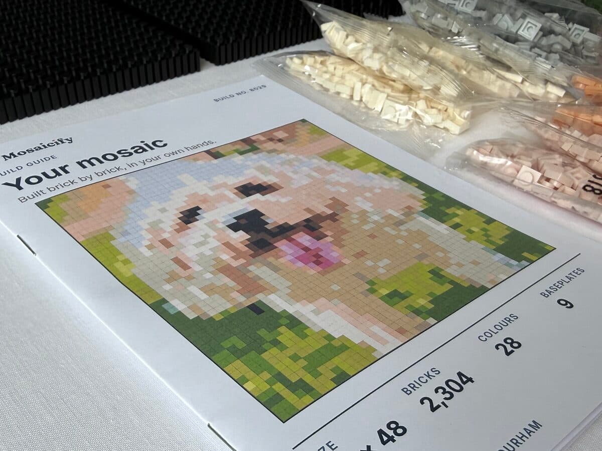 Printed build booklet with a dog mosaic on the cover, beside colour-sorted brick bags